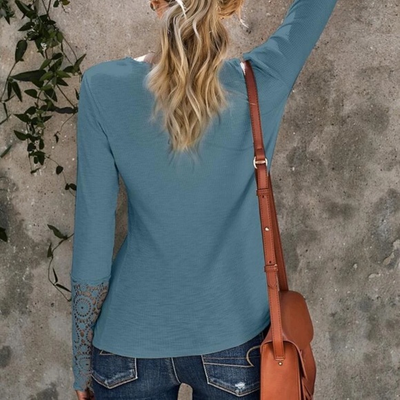 Blue Lace long sleeve rib knit button front top - Picture 2 of 4